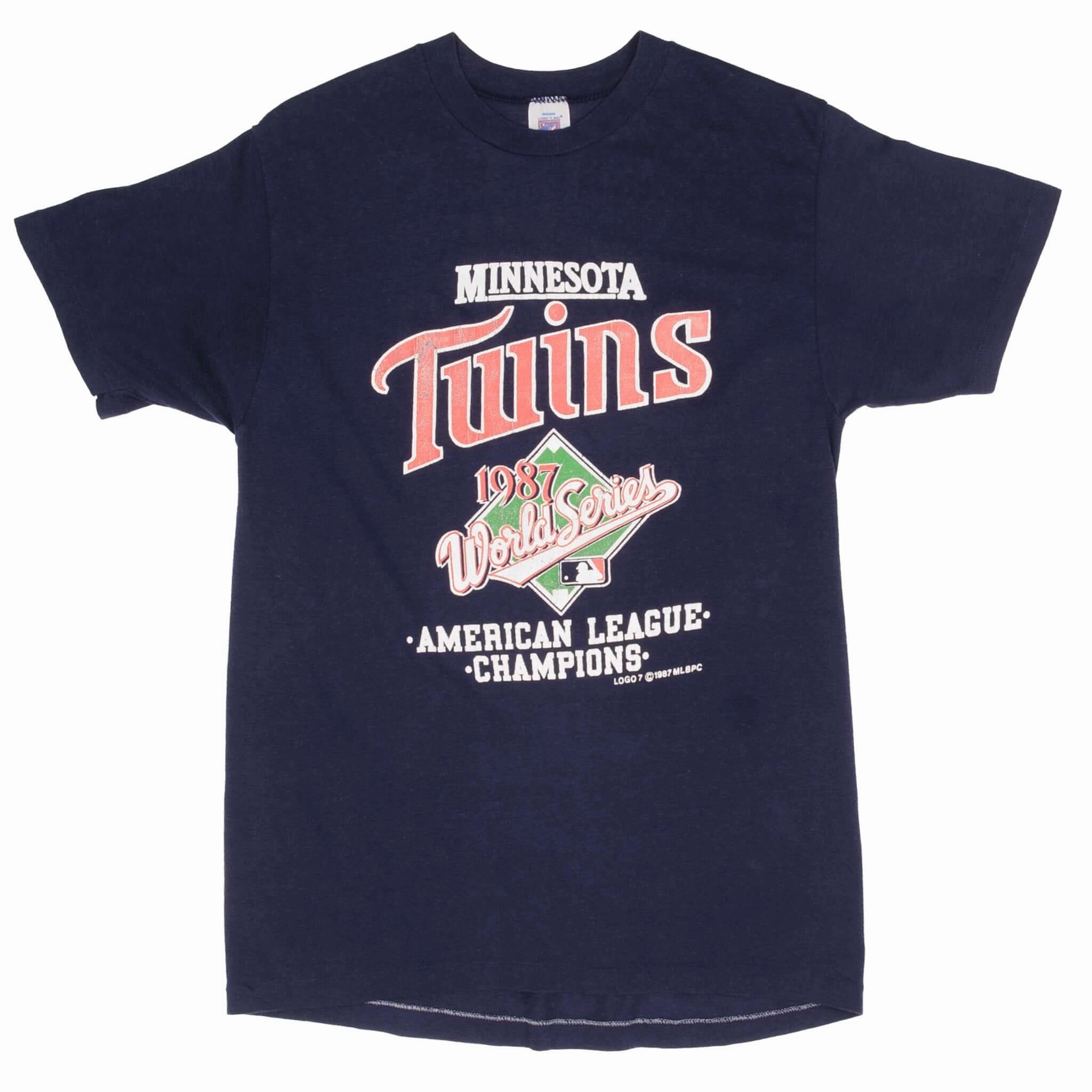 VINTAGE MLB MINNESOTA TWINS WORLD CHAMPIONS 1987 TEE SHIRT SZE SMALL MADE IN USA