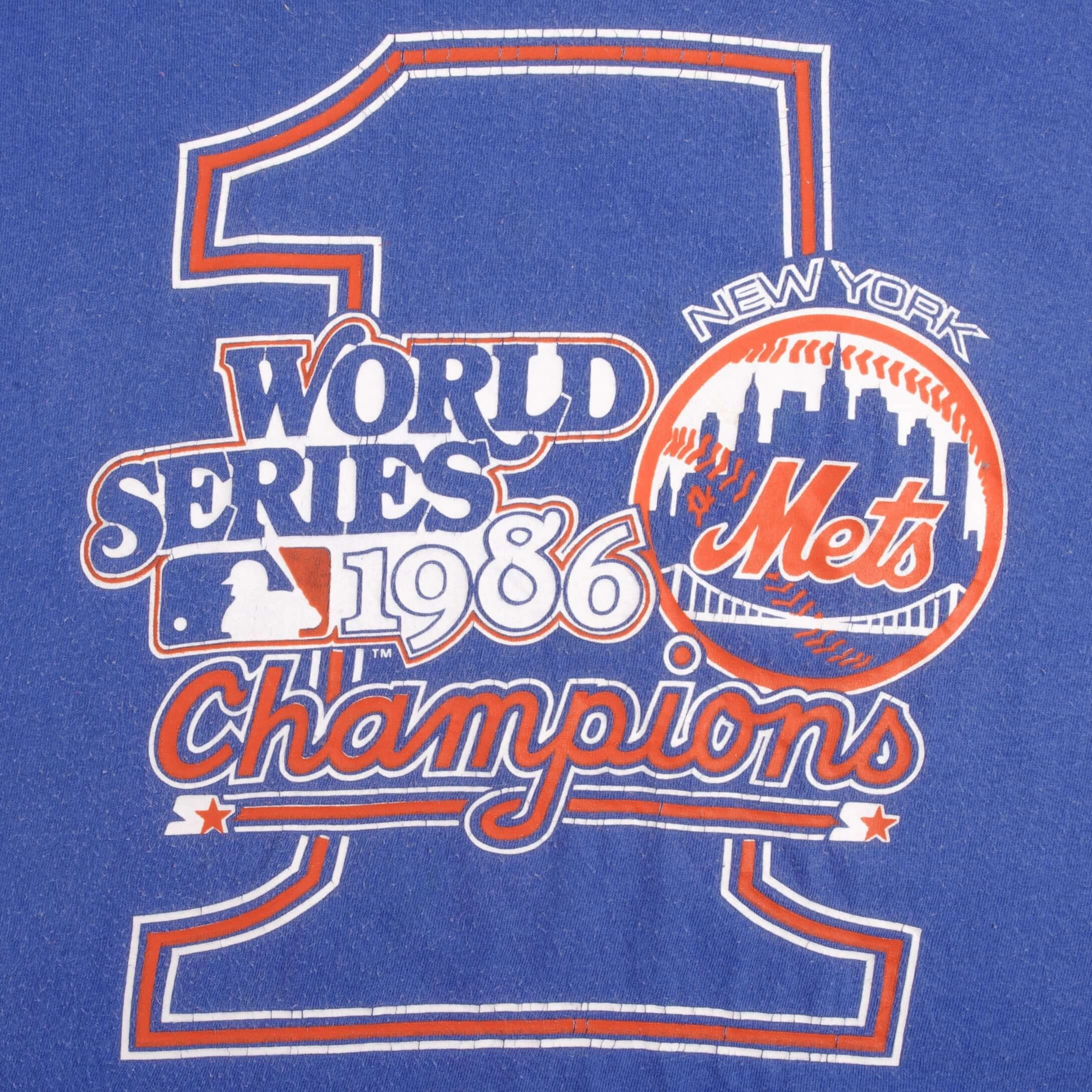 VINTAGE MLB NEW YORK METS WORLD CHAMPIONS 1986 TEE SHIRT LARGE MADE IN USA