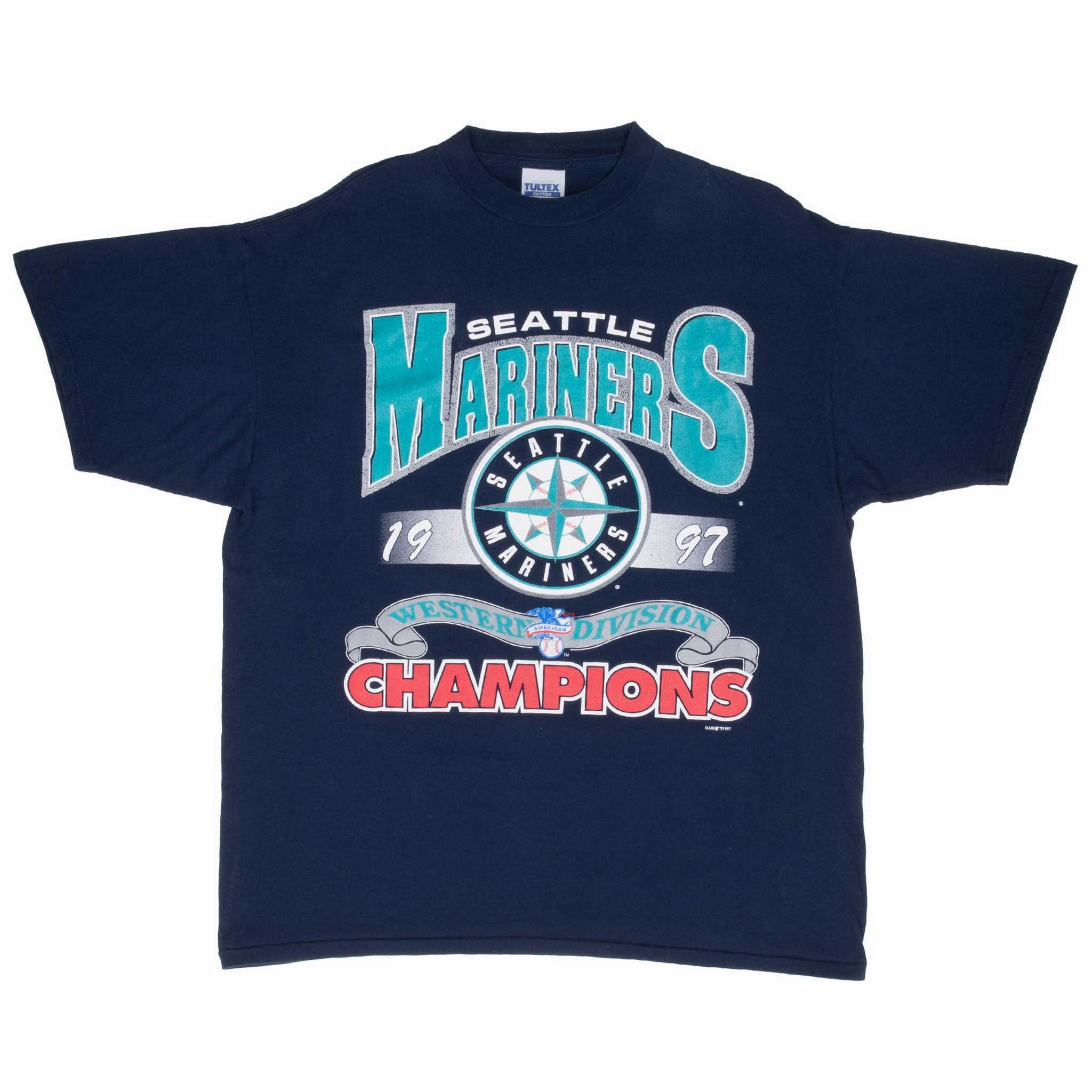 VINTAGE MLB SEATTLE MARINERS WESTERN CHAMPIONS BLUE 1997 TEE SHIRT XL