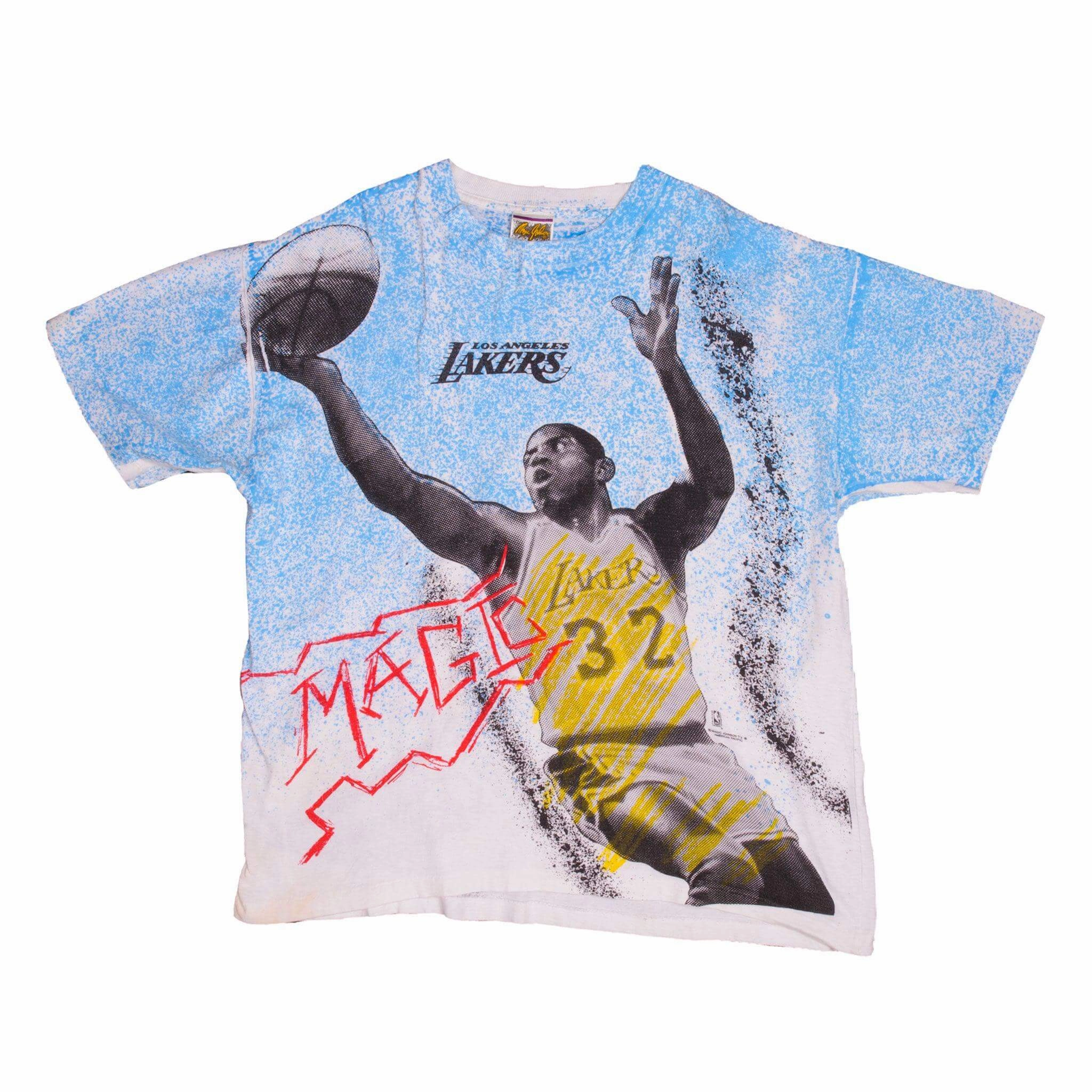 VINTAGE NBA ALL OVER PRINT MAGIC JOHNSON LOS ANGELES LAKERS TEE SHIRT 1990S  XL