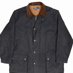 VINTAGE POLO RALPH LAUREN BLACK WAX FIELD COAT JACKET 1990S LARGE