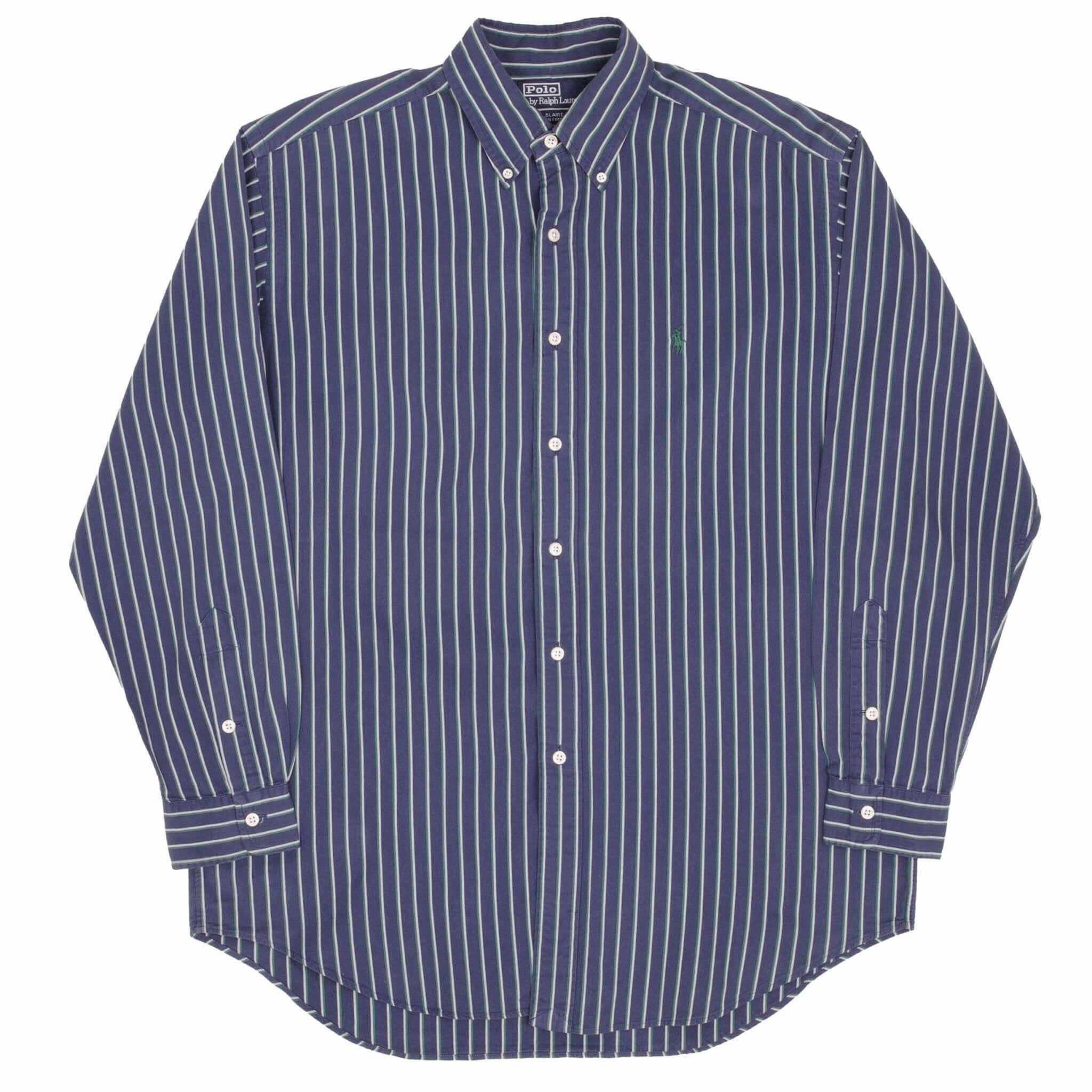 VINTAGE RALPH LAUREN CLASSIC STRIPED BLUE SHIRT 1990S SIZE MEDIUM