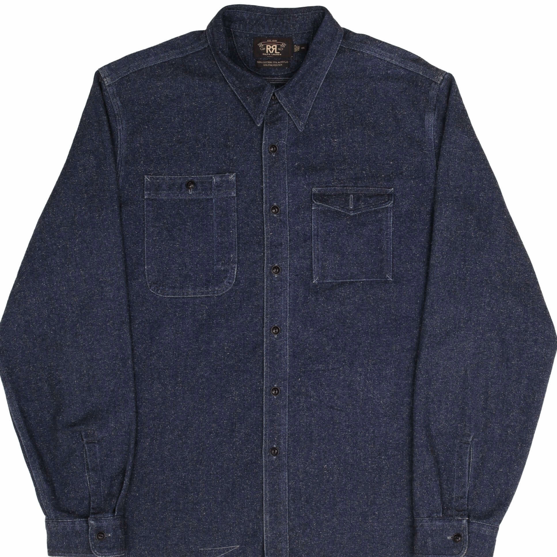 VINTAGE RALPH LAUREN DOUBLE RL RRL POCKET BLUE FLANNEL SHIRT 1990S SIZE 2XL