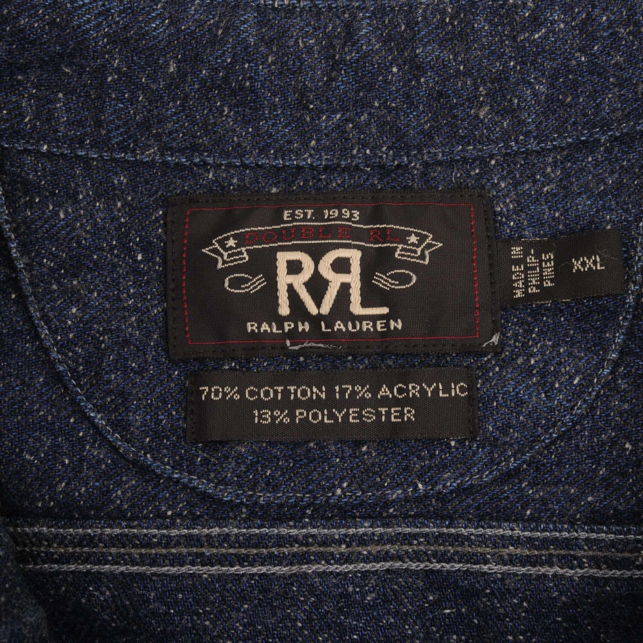 VINTAGE RALPH LAUREN DOUBLE RL RRL POCKET BLUE FLANNEL SHIRT 1990S SIZE 2XL