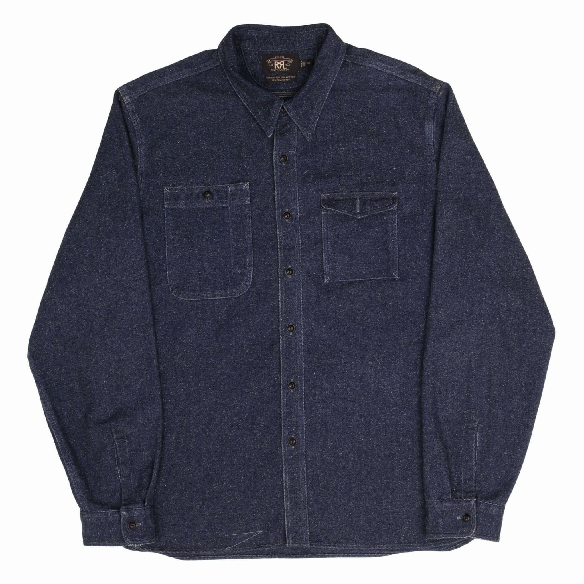 VINTAGE RALPH LAUREN DOUBLE RL RRL POCKET BLUE FLANNEL SHIRT 1990S SIZE 2XL